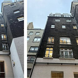 Two buildings with contrasting colors