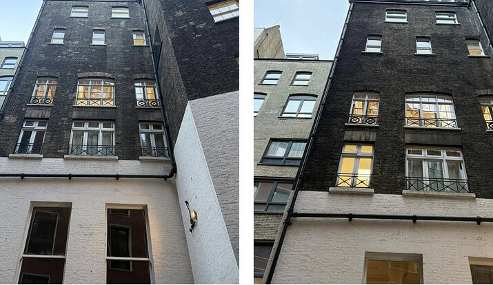 Two buildings with contrasting colors